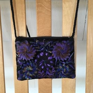 Embroidered purple floral black crossbody purse